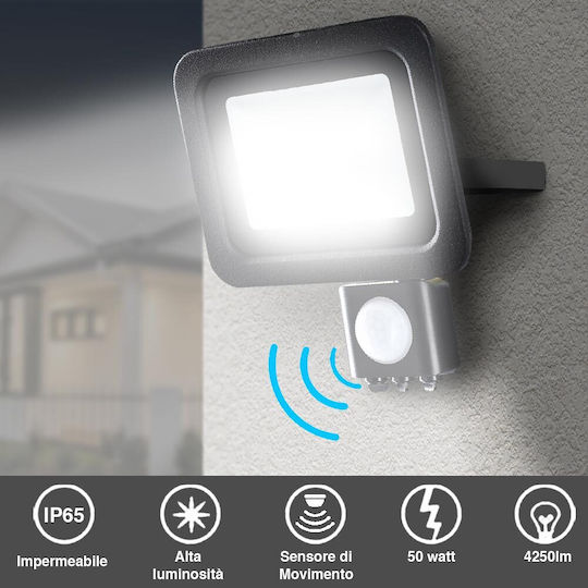 Bakaji Waterproof LED Flood Light 50W Cold White 6500K with Motion Sensor and Photocell IP65