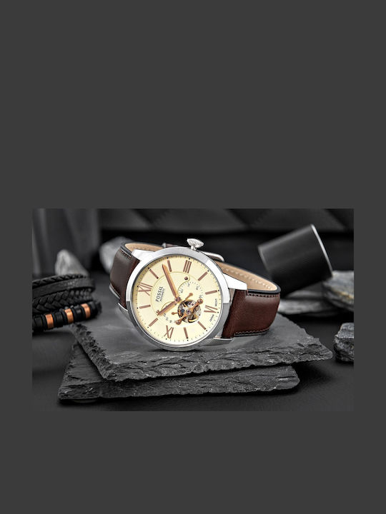 Fossil Townsman Ανδρικό Ρολόι Αυτόματο με Καφέ Δερμάτινο Λουράκι