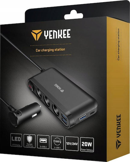 Yenkee Car Charger with Ports: 3xUSB 1xType-C 3xLighter