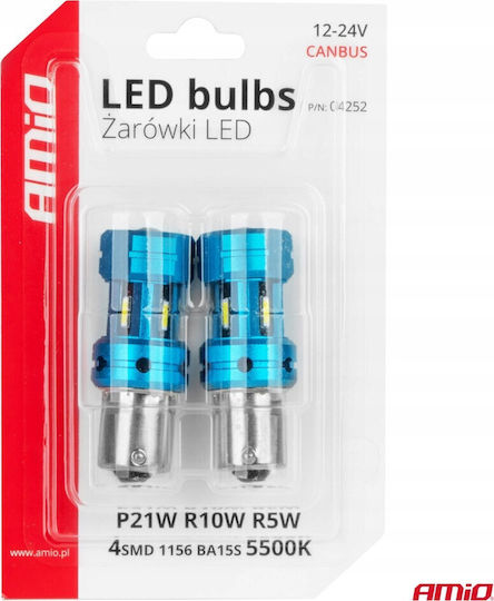 AMiO Λάμπες Αυτοκινήτου BA15S / P21W / R10W / R5W Canbus LED 6000K Ψυχρό Λευκό 12-24V 2τμχ