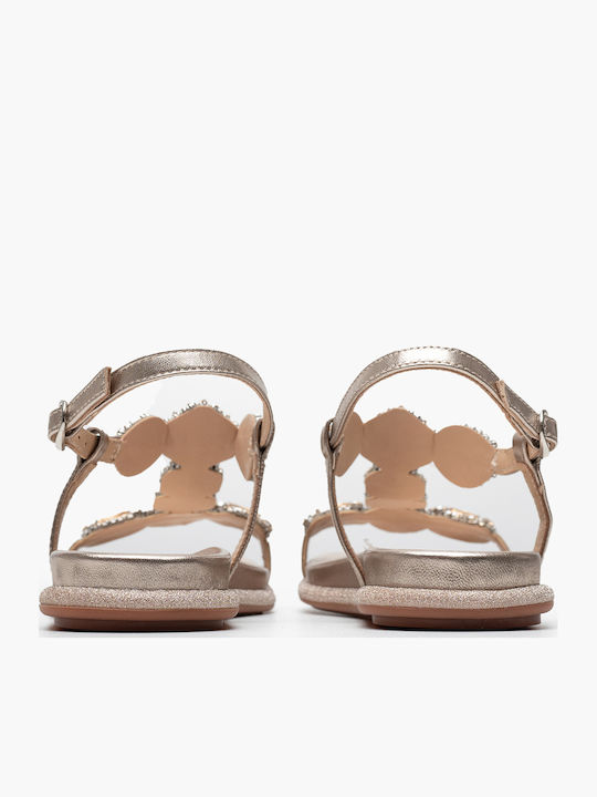 Leather Women's Flat Sandals with Strap in Gold Color