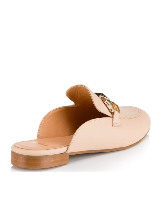 Leather Mules with Low Heel in Beige Color