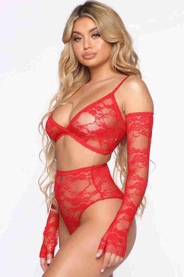 Merry See Sexy Dessous-Set Spitzenhandschuhe Rot