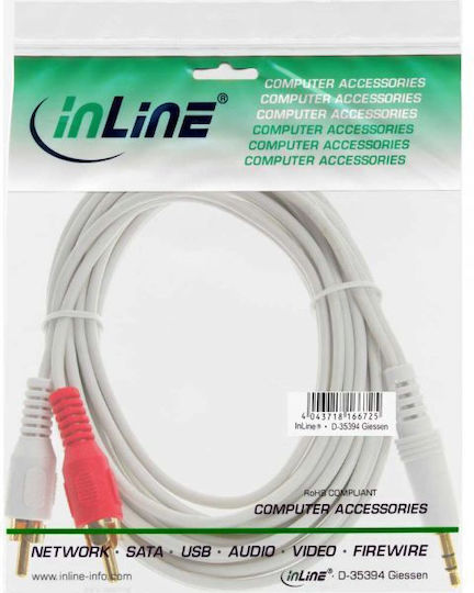 InLine Кабел За Звук 3,5 мм Мъжки - 2x RCA Мъжки Бял 10м Със Златни Жак Конектори 89929W