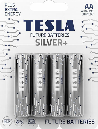 Tesla Batteries 4 Pack Alkaline Batteries AA Silver+ 1.5V