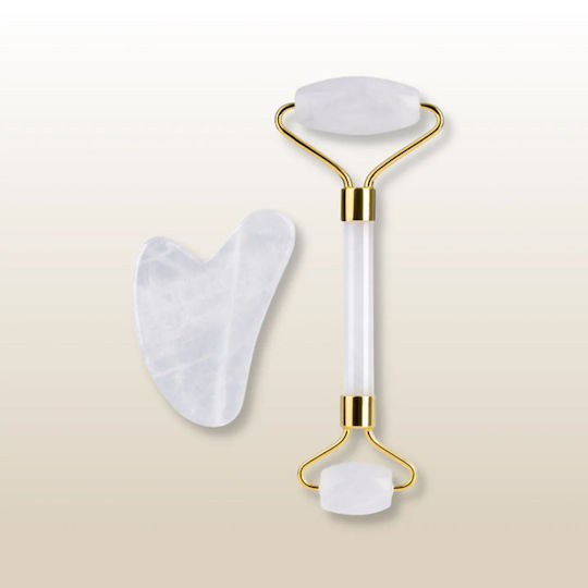 Set Μασάζ Προσώπου Gua Sha Πέτρα Λευκού Χαλαζία + Ρολό Anti-aging Roller Rock Crystal