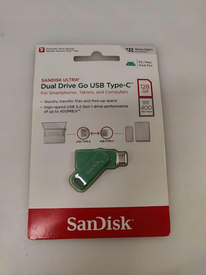 Sandisk Ultra Dual Drive 128GB USB 2.0 Stick με σύνδεση USB-C & USB-A Πράσινο