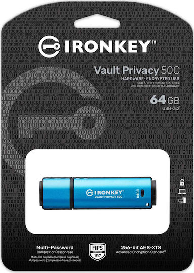 Kingston IronKey Vault Privacy 50 64GB USB 3.2 Stick with connection USB-C Blue