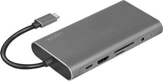 LogiLink USB-C Docking Station με HDMI 4K PD Ethernet και σύνδεση 2 Οθονών Ασημί (UA0383)