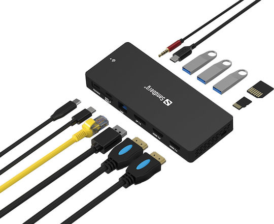 Sandberg 13in1 DockingStation Pro USB-C Docking Station mit HDMI/DisplayPort 4K PD Ethernet und Verbindung 3 Monitore Schwarz