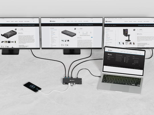 Sandberg 13in1 DockingStation Pro USB-C Docking Station mit HDMI/DisplayPort 4K PD Ethernet und Verbindung 3 Monitore Schwarz