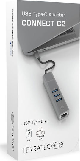 TerraTec Connect C2 Hub 3 Θυρών USB 3.0 με σύνδεση USB-C / Ethernet Ασημί