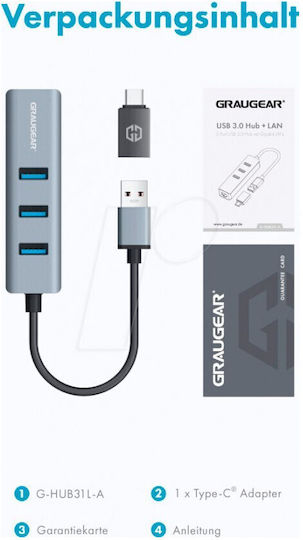 Graugear USB Hub 3 Ports USB 3.0 with Connecting to a Computer USB-A / USB-C / Ethernet Gray