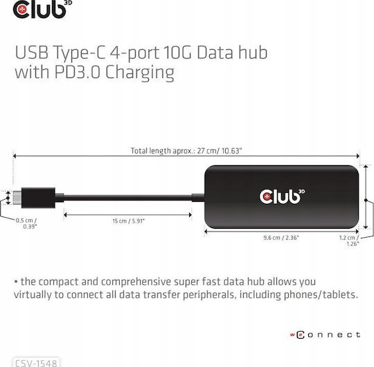Club3D USB-Hub 4 Anschlüsse USB 3.1 mit USB-C Anschluss