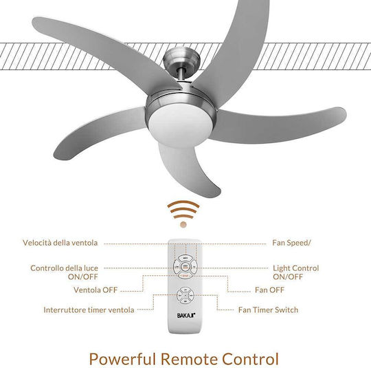 Bakaji Ceiling Fan 132cm with Light Fixture Silver