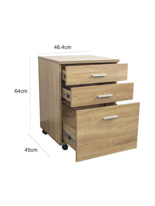 Bedroom Chest of Drawers Made of Wood and Metal with 3 Oak Drawers 46.5x45x64cm
