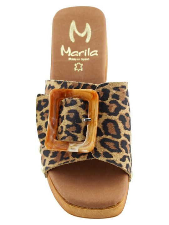 Leather Women's Mules with Chunky Low Heel in Brown Color