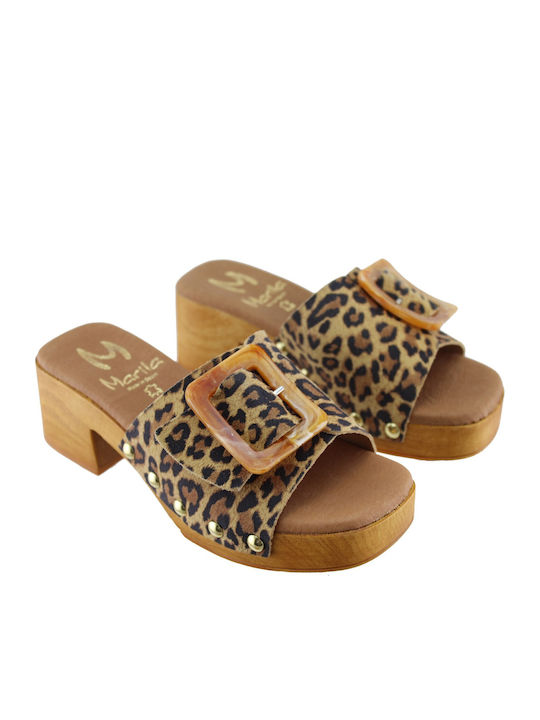 Leather Women's Mules with Chunky Low Heel in Brown Color