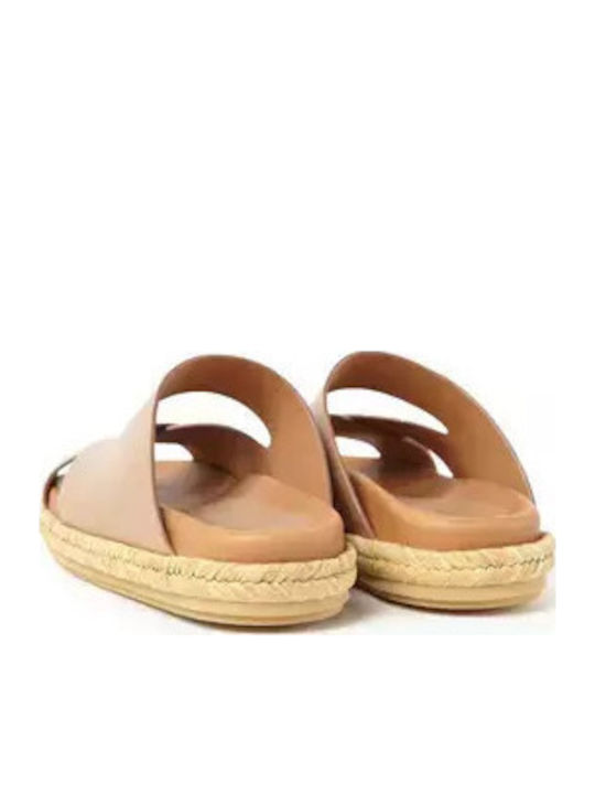 Leather Women's Flat Sandals in Tabac Brown Color