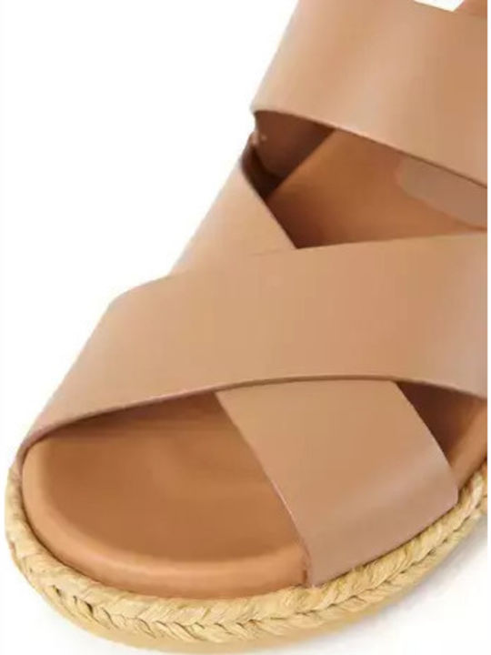Leather Women's Flat Sandals in Tabac Brown Color
