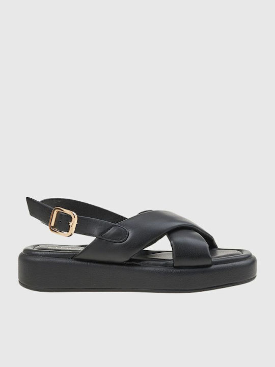 Leather Women's Flat Sandals in Black Color