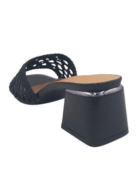 Leather Mules with Heel in Black Color