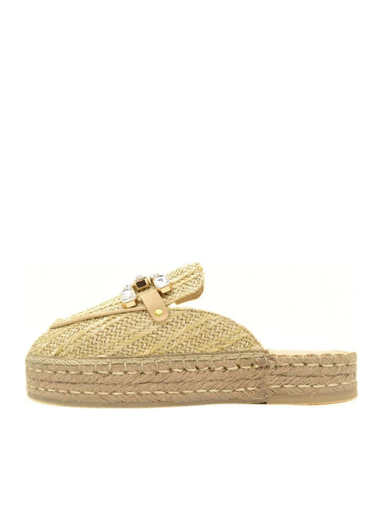 Leather Mules with Low Heel in Beige Color