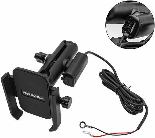 Motowolf Mount Phone Motorcycle with Adjustable Arm 3.5-6.5" for Mirror with USB Charging Port
