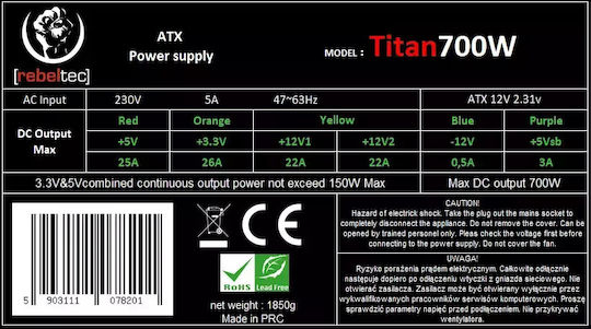 Rebeltec Titan 700W Μαύρο Τροφοδοτικό Υπολογιστή Semi Modular