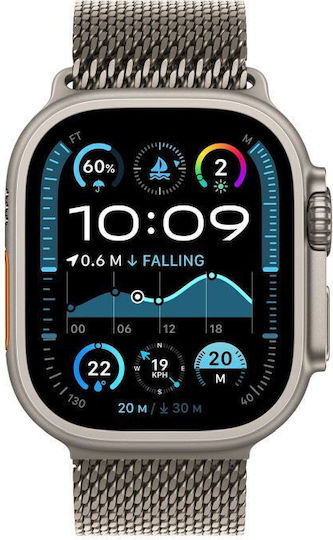 Apple Watch Ultra 2 2024 Titanium 49mm Waterproof with eSIM and Heart Rate Monitor (Natural with Natural Titanium Milanese Loop - M - Medium)