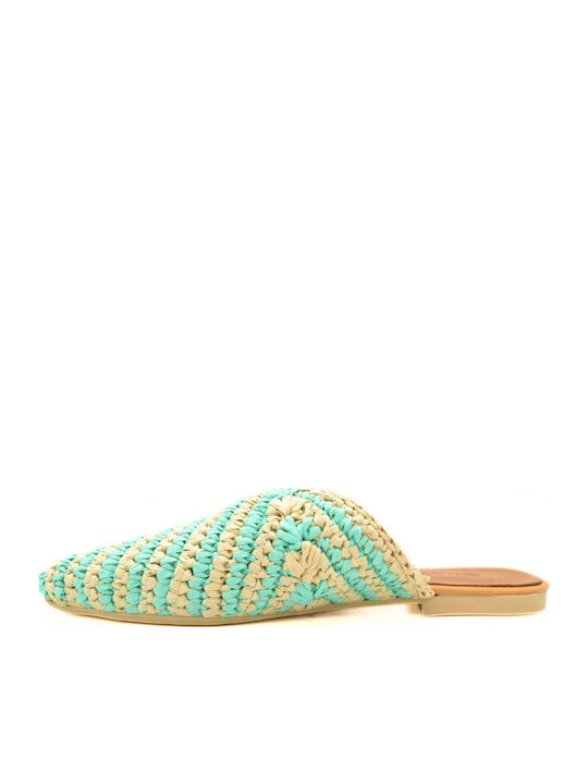 Flat Leather Mules in Turquoise Color