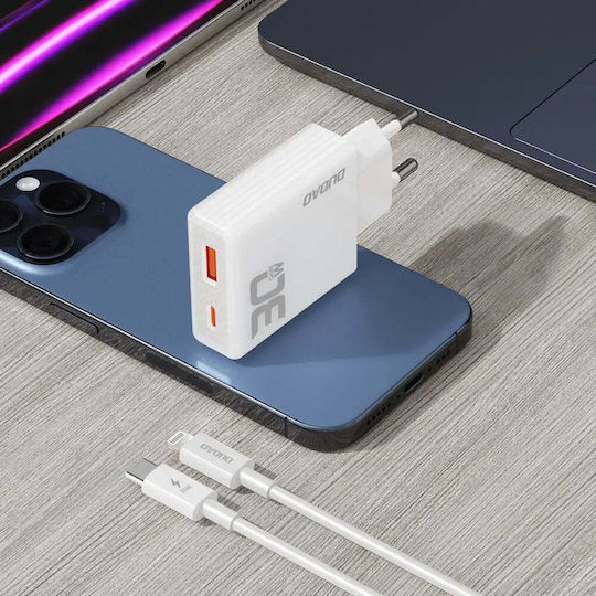Dudao Charger GaN with USB-A Port and USB-C Port and Cable USB-C - Lightning 30W Power Delivery / Quick Charge 3.0 Whites