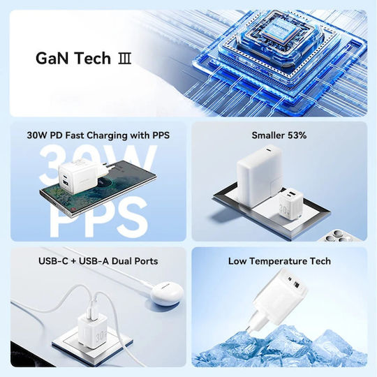 Vention Φορτιστής GaN με Θύρα USB-A και Θύρα USB-C και Καλώδιο USB-C - USB-C 30W Power Delivery Λευκός (FEQW0)