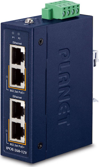 Planet Ipoe-260-12v PoE Industrie-Injektor 2x Port 4x1Gb 2x 802.3at 36/72W DIN IP30 40~75°C Dual Power 12-56VDC