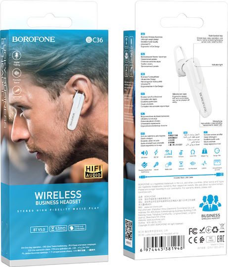 Borofone BC36 Earbud Bluetooth Handsfree Ακουστικό Λευκό