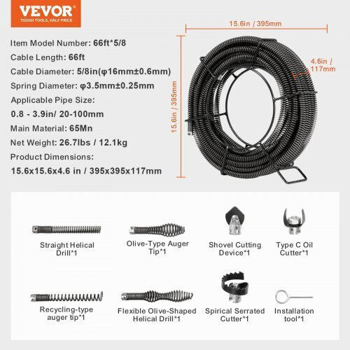Vevor Steel Drain Unblockers 20m with Maximum Unclogging Thickness 16mm
