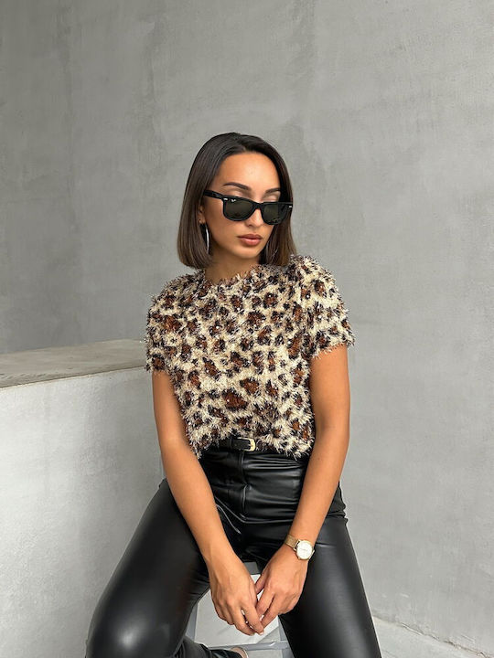 Sinell Damen Kurzarm Kurzbluse Pailletten Leopard Braun Sinell Damen Kurzarm Kurzbluse Pailletten Leopard Braun