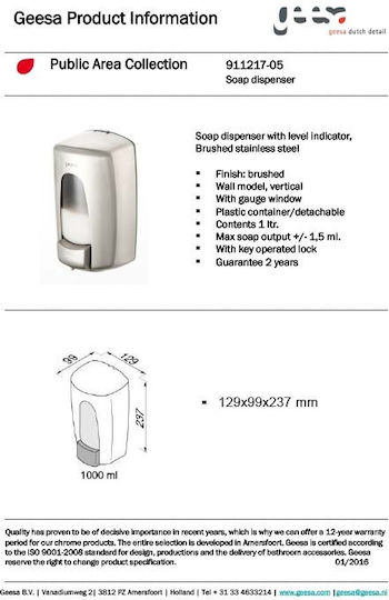 Geesa Επαγγελματική Σαπουνοθήκη Αφρού Standard Hotelia Inox 1000ml Inox