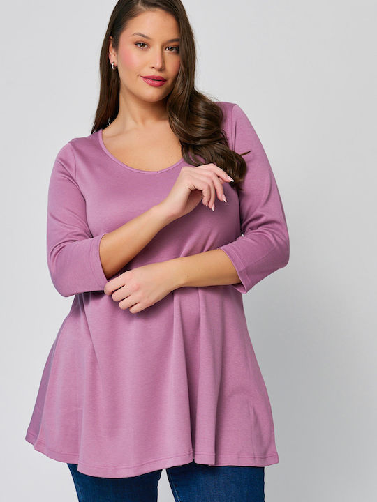 Women's Tunic Dress with 3/4 Sleeve & V Neckline Pink