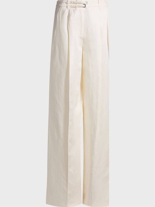 Taualyw Women's Fabric Trousers Relaxed Fit Off White