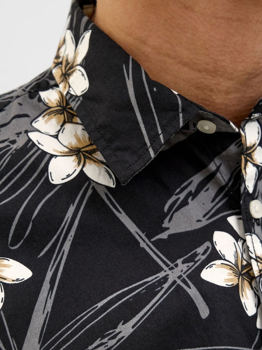 Kurzärmeliges Baumwollhemd Blumen Schwarz