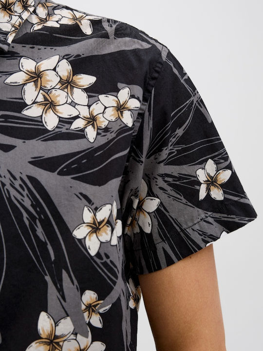 Kurzärmeliges Baumwollhemd Blumen Schwarz