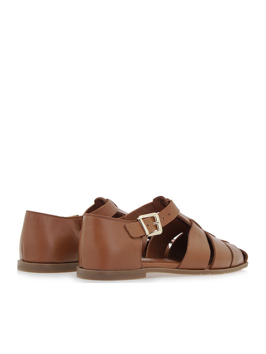 Leather Women's Flat Sandals in Tabac Brown Color