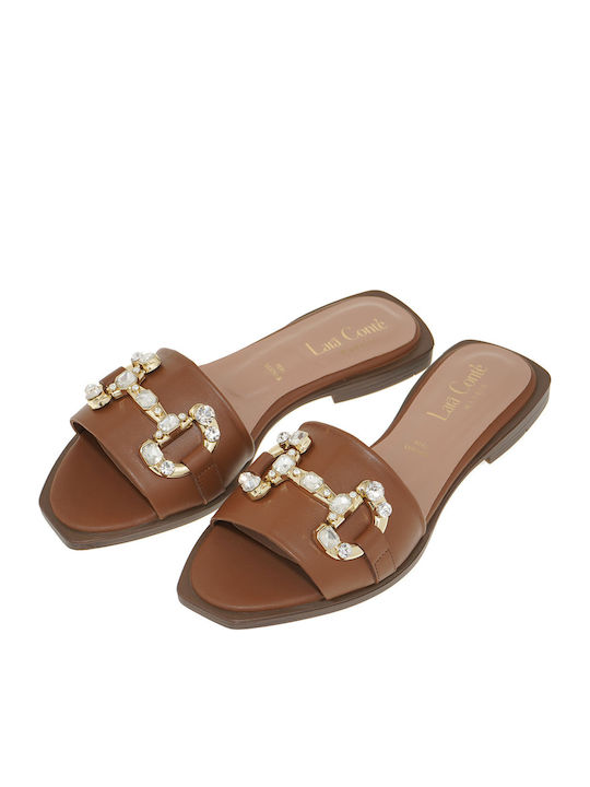 Leather Women's Flat Sandals in Tabac Brown Color