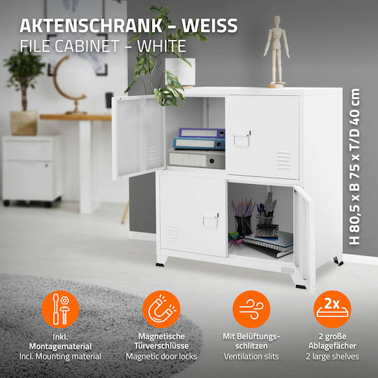 Office Storage Metal Cabinet White L75xW40xH80.5cm