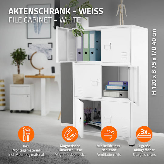 Office Storage Metal Cabinet White L75xW40xH120cm