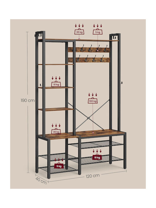 Vasagle Hall Tree Bench Shoe Storage Hallway Coat Rack Shoe Bench 5 Storage Shelves 9 Coat Hooks 6 Side Hooks 140 X 120 X 190 Cm Vintage Brown Ink Black Hsr426b01