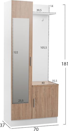 Janice Mobilier de Intrare cu Oglindă / Cuier & Dulap Sonoma / Alb 70x37x181buc