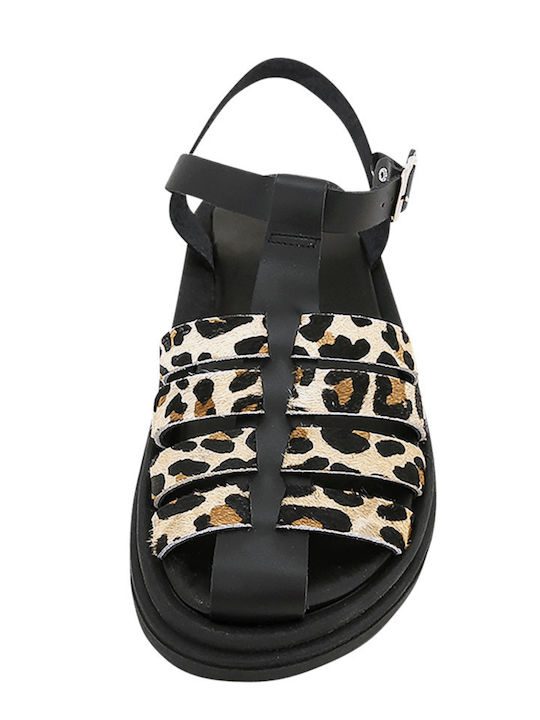 Leather Women's Flat Sandals in Black Color