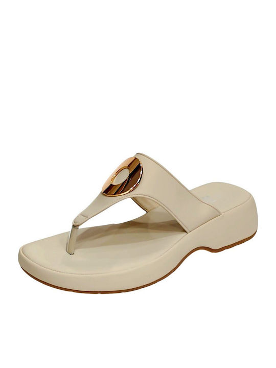 Leather Women's Flat Sandals in Beige Color